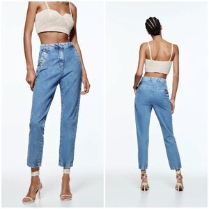 Zara Gold Buttoned Straight Leg Blue 100% Cotton Sailor Style Jeans Small